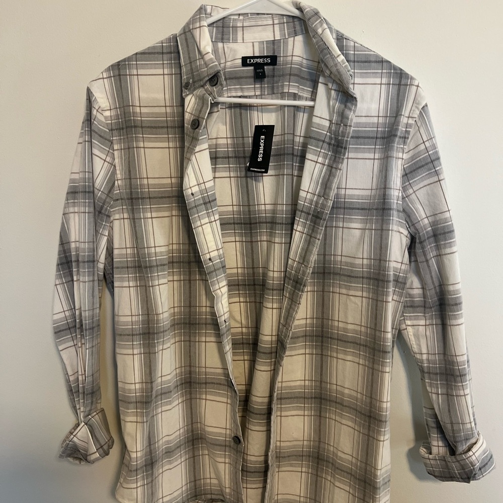 Express Gray and White Plaid Shirt